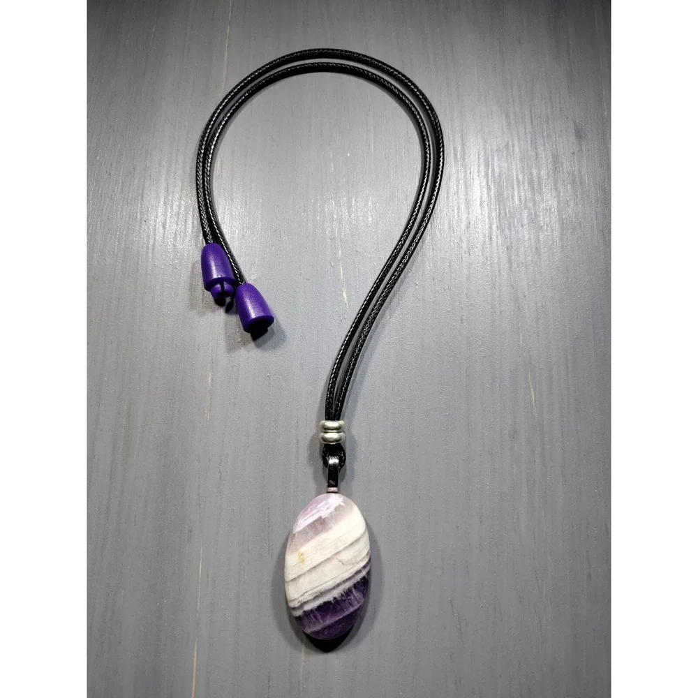 TrailerSpark Banded Amethyst Pendant Necklace 18in Black Waxed Cord Break Away